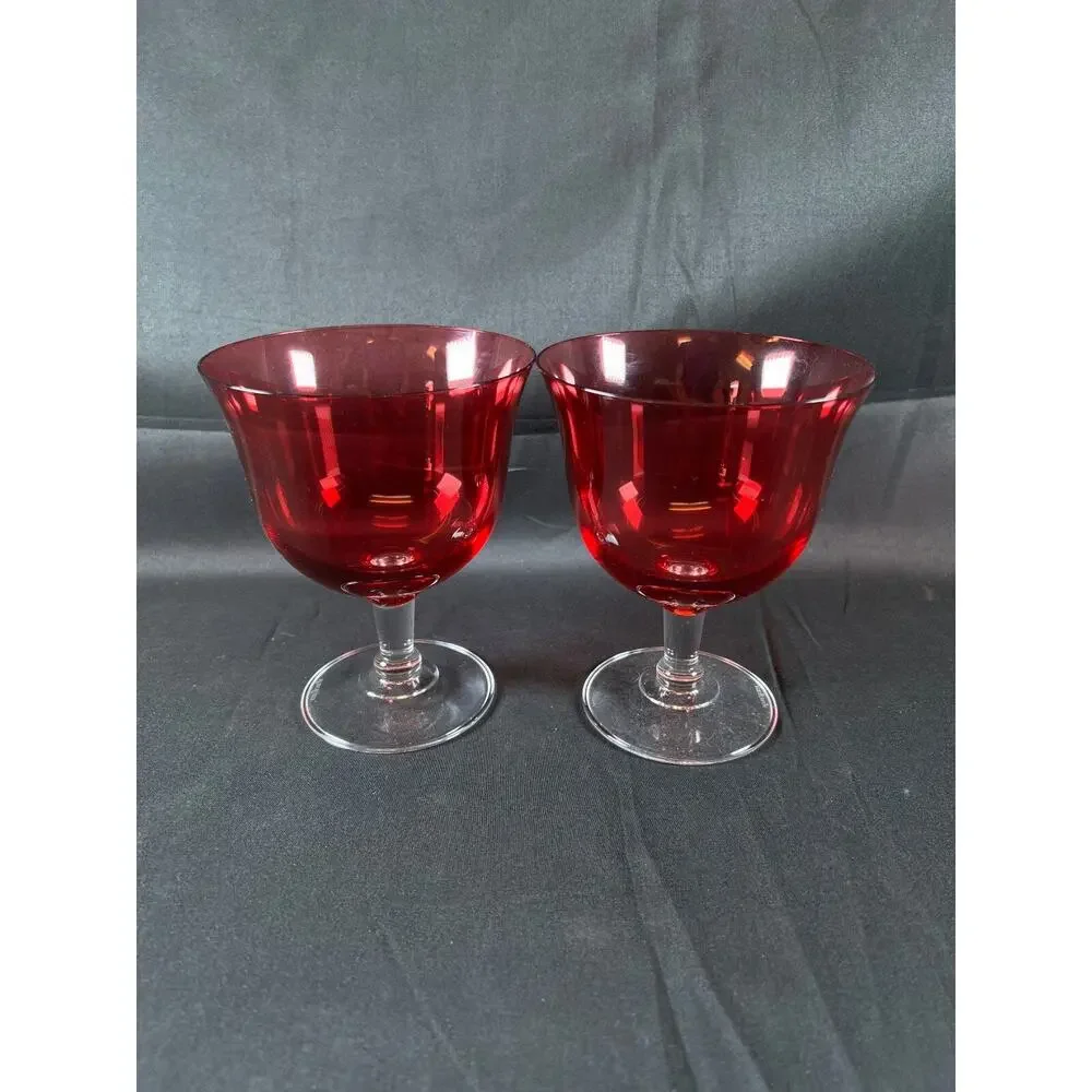 Marc Aurel Cranberry Crystal Wine Goblet Glass Column Stems Set of 2 Champagne